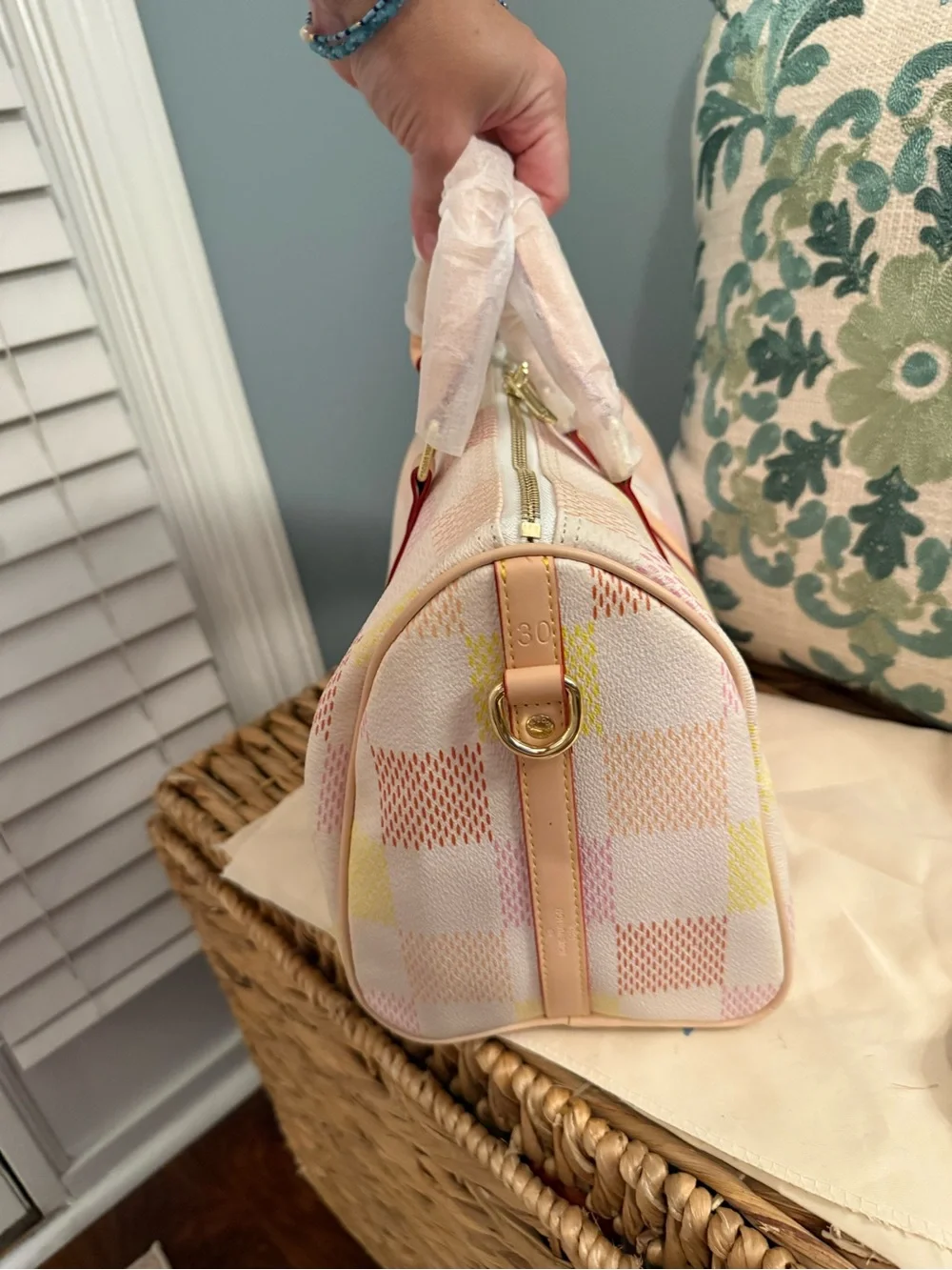 L V Pastel Checkered Speedy 30 in Pink, Cream & Yellow